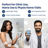 Two people using a medical device with text highlighting its features for clinic, home, and physio use.