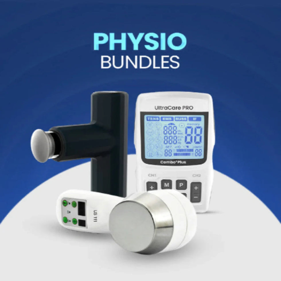 UltraCare PRO physio bundle with TENS machine, massage gun, and portable ultrasound therapy device for muscle recovery and pain relief