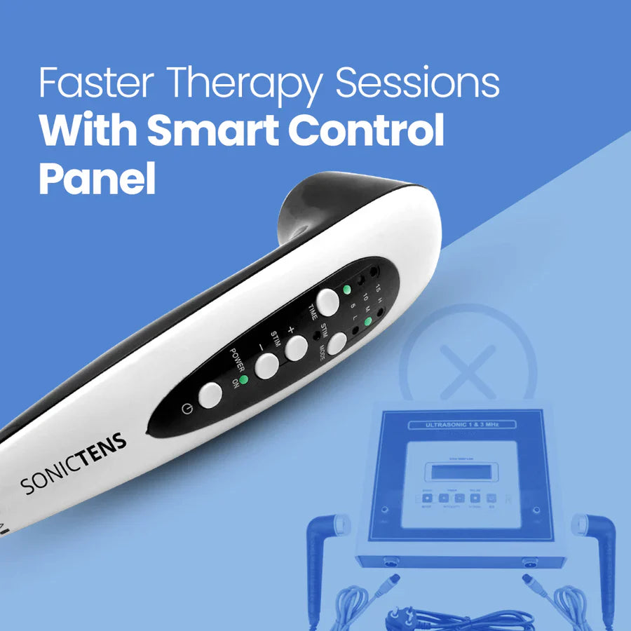 SONICTENS device with control panel, featuring text about the smart control panel.