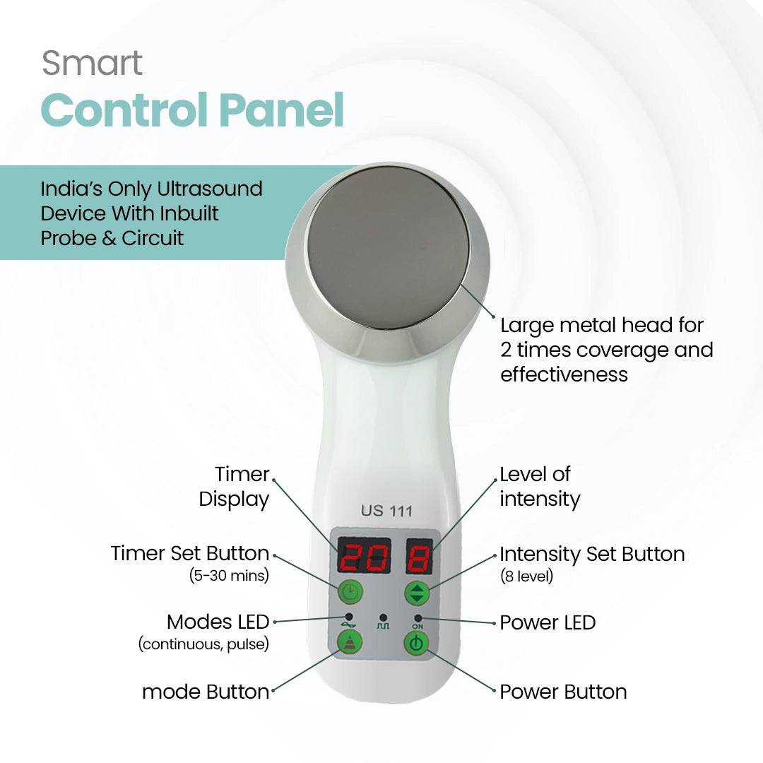 UltraCare PRO US111 ultrasound therapy device with smart control panel, timer display and adjustable intensity settings