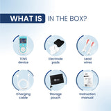 TENS 1.0 ARC box includes TENS device, electrode pads, lead wires, charging cable, storage pouch, and manual.