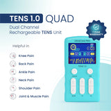 TENS 1.0 QUAD rechargeable TENS unit for knee pain, back pain, neck pain, shoulder pain, and muscle pain relief at home.