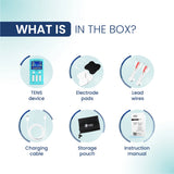 TENS 1.0 QUAD box includes TENS device, electrode pads, lead wires, charging cable, storage pouch, and manual.