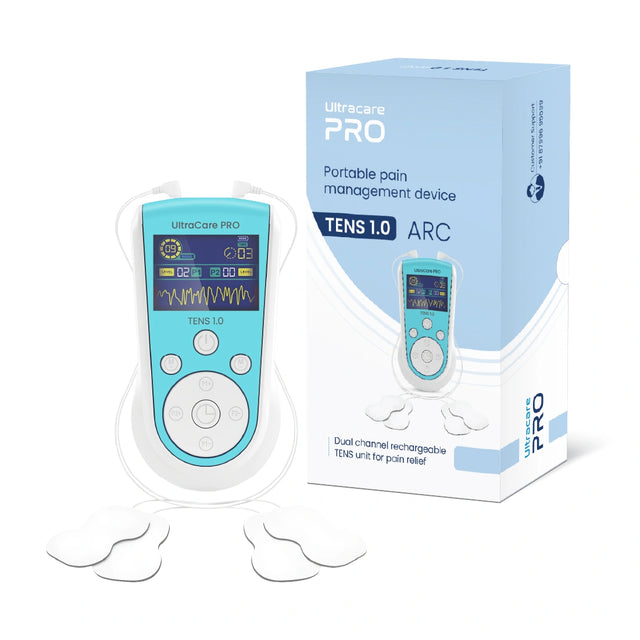UltraCare PRO TENS 1.0 ARC rechargeable TENS machine for pain relief, muscle recovery, and home physiotherapy therapy.