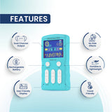 Features of TENS 1.0 QUAD rechargeable TENS machine with dual channel output, portable design, and pain relief therapy.