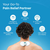 UltraCare PRO TENS 2.0 pain relief device with 25 intensity levels, 10 modes, rechargeable battery, and LCD display.