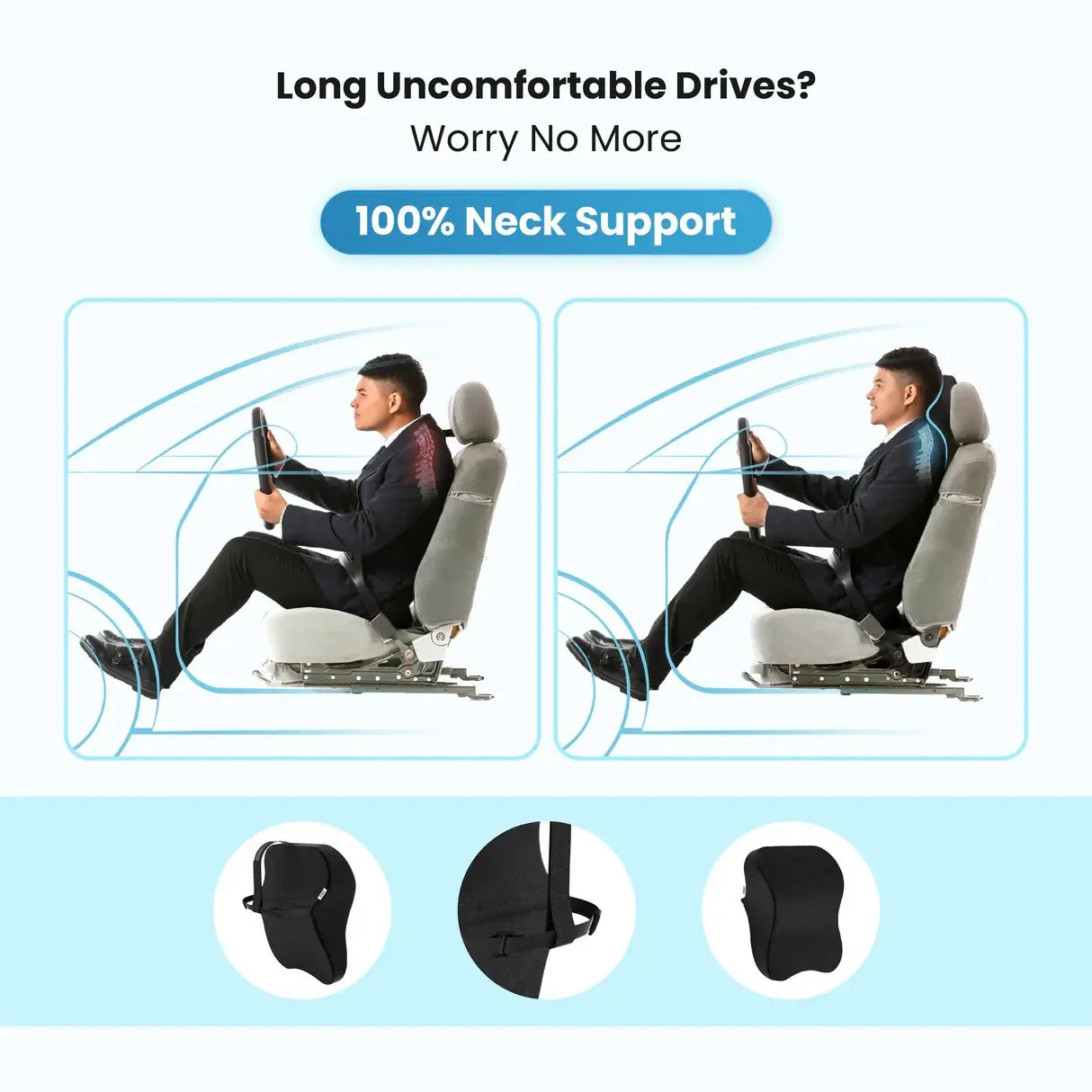 Car neck support pillow for long drives with ergonomic cervical support and comfortable driving posture