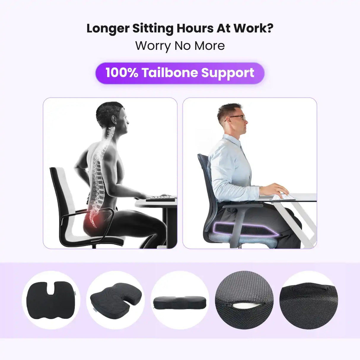 Coccyx Seat Cushion for Tailbone Pain Relief During Long Sitting Hours at Work – 100% Tailbone Support