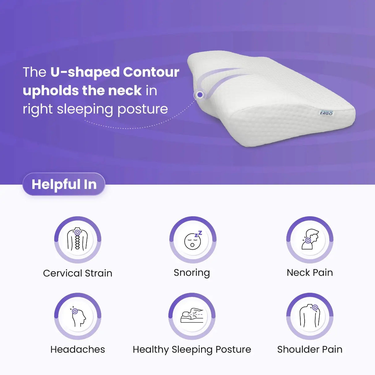 Contour cervical pillow designed to reduce snoring, neck pain, headaches, and improve sleeping posture