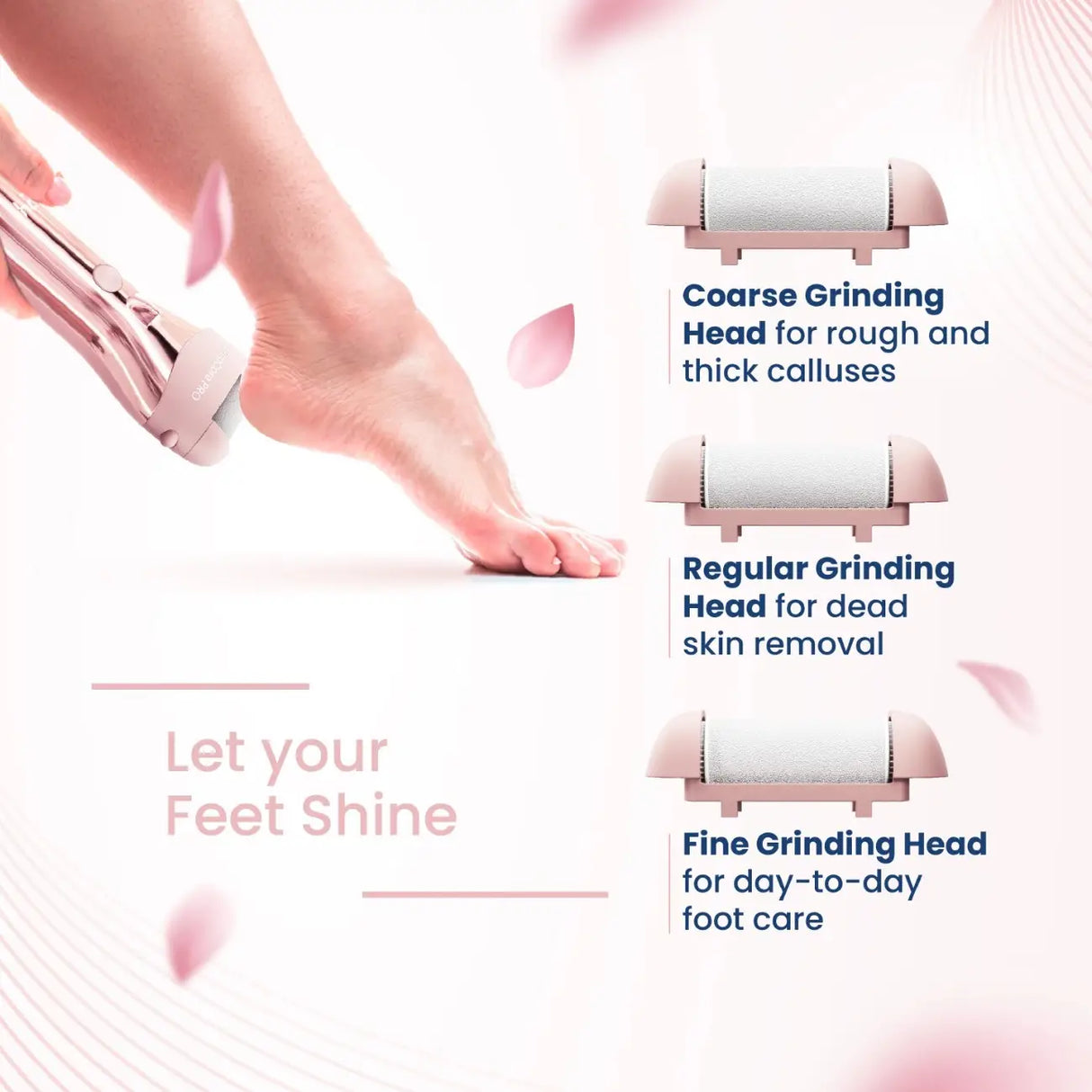 Electric foot callus remover with coarse, regular, and fine grinding heads for daily foot care and dead skin removal