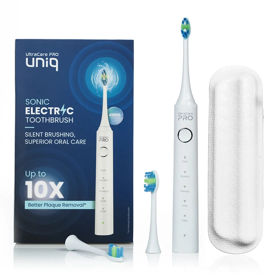 UltraCare PRO UNIQ sonic electric toothbrush with travel case and replaceable brush heads for superior oral care and plaque removal.