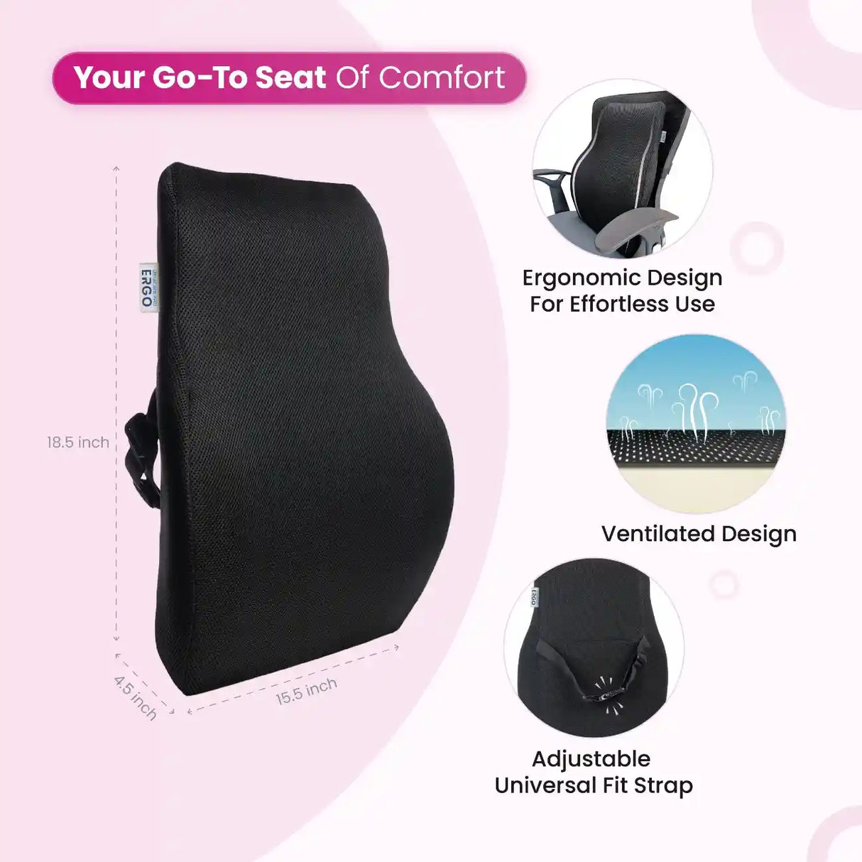 UltraCare PRO ERGO Backrest Lumbar Cushion 18.5x15.5x4.5 inch - Ergonomic Ventilated Design with Adjustable Universal Fit Strap for Office Chair and Car Seat