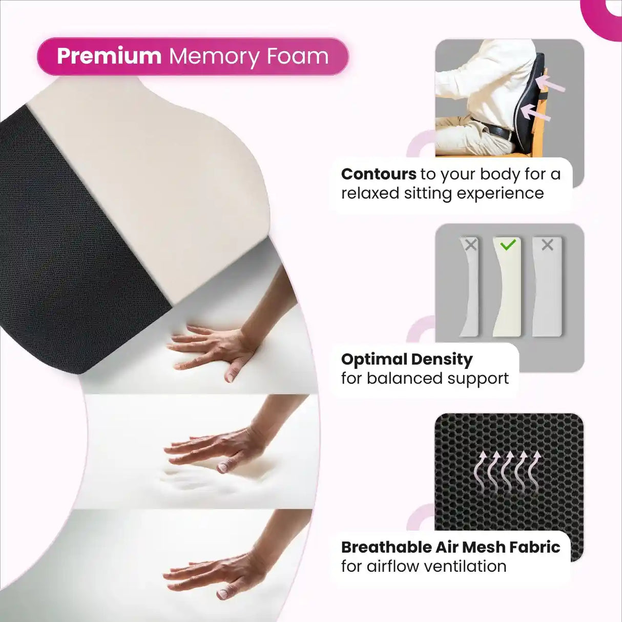 UltraCare PRO ERGO Backrest Cushion with Premium Memory Foam, Optimal Density for Balanced Support and Breathable Air Mesh Fabric for Airflow Ventilation