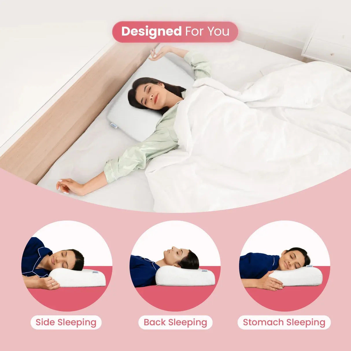 Ergonomic cervical pillow for side sleeping, back sleeping, and neck support comfort