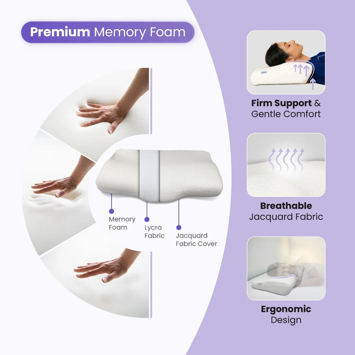 Ergonomic memory foam neck pillow with firm support, breathable fabric, and pressure relieving comfort
