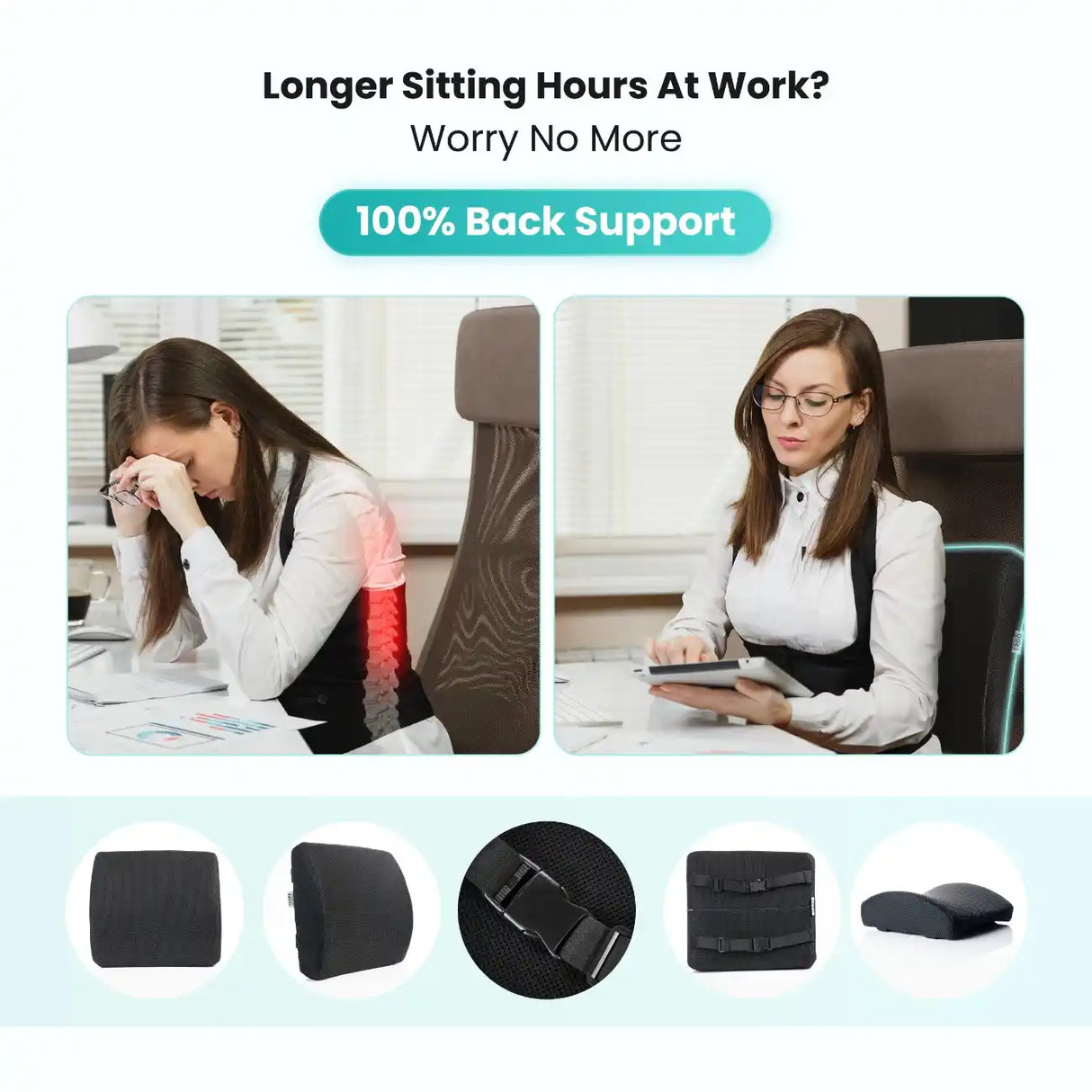 Lumbar Support Pillow for Long Sitting Hours at Work – 100% Back Support for Office Chair Users