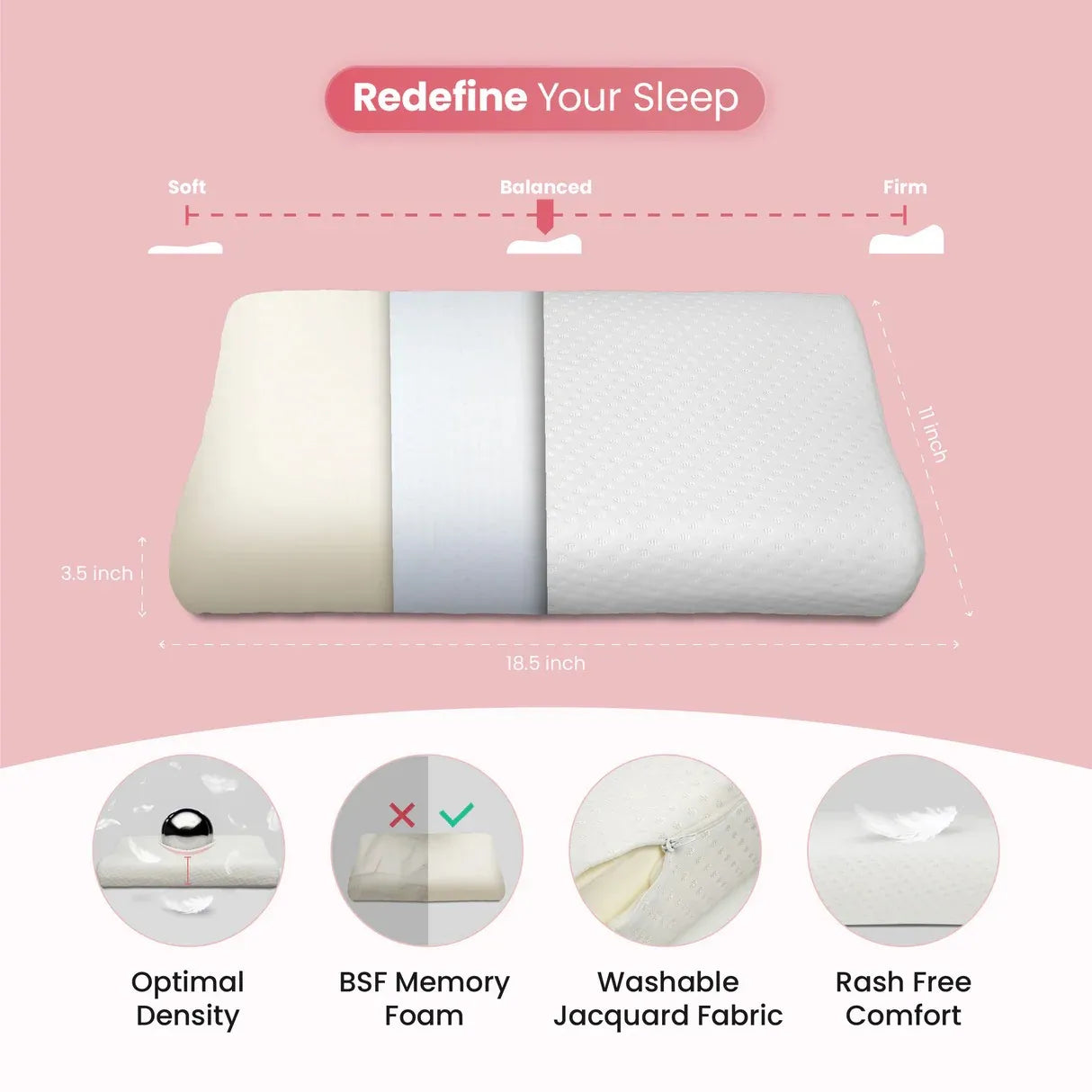 Orthopedic memory foam cervical pillow with washable fabric and balanced sleep support