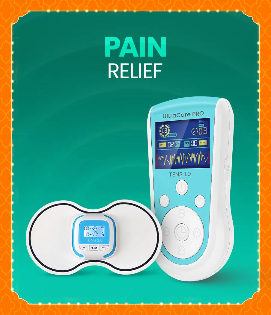UltraCare PRO TENS pain relief device for muscle stimulation and joint pain therapy at home with portable EMS massager