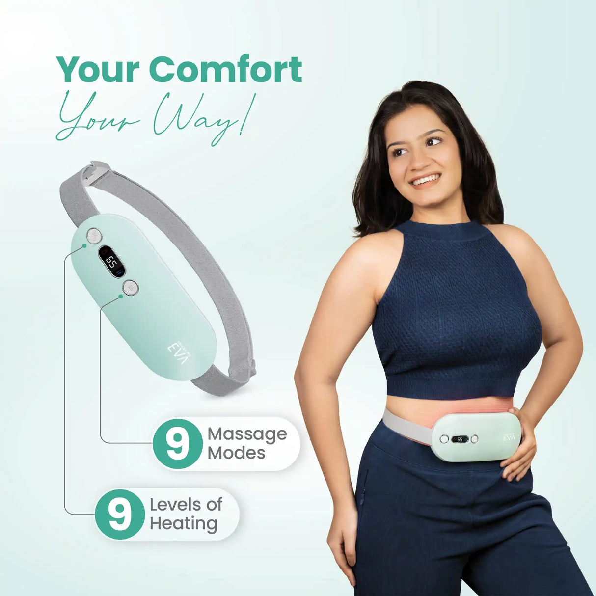 Woman using UltraCare PRO EVA period heating pad and massager with 9 heating levels and 9 massage modes for comfortable menstrual pain relief.