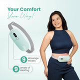 Woman using UltraCare PRO EVA period heating pad and massager with 9 heating levels and 9 massage modes for comfortable menstrual pain relief.