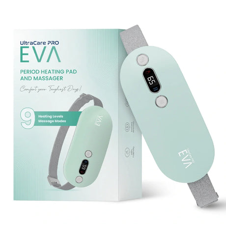 UltraCare PRO EVA period heating pad and massager with adjustable heat and vibration modes for menstrual cramp pain relief.