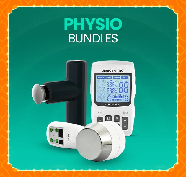 UltraCare PRO physio bundle with TENS machine, massage gun, and portable ultrasound therapy device for muscle recovery and pain relief