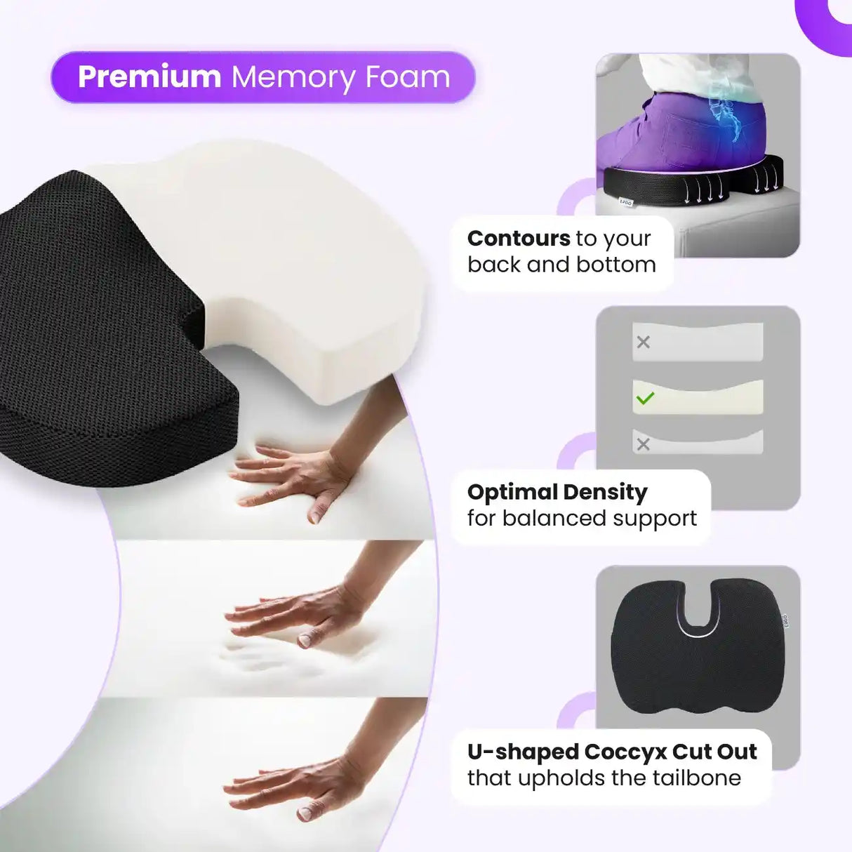 Premium Memory Foam Coccyx Cushion with U-Shaped Cutout Optimal Density and Breathable Mesh Cover