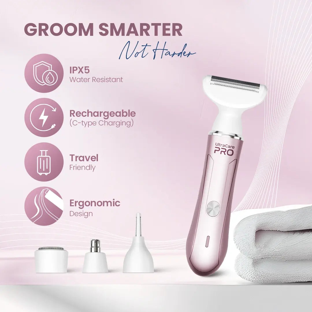 UltraCare PRO rechargeable women’s trimmer with IPX5 water resistance, ergonomic design, and painless facial and body hair removal.
