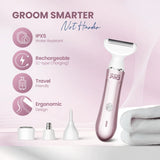 UltraCare PRO rechargeable women’s trimmer with IPX5 water resistance, ergonomic design, and painless facial and body hair removal.