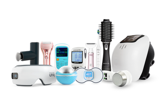 UltraCare PRO health and wellness devices including TENS machine, ultrasound physiotherapy machine, massage gun, eye massager, knee massager, electric toothbrush, hair styler, and self-care products.