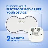 Wireless TENS electrode pad with 2 magnetic plugs designed for electrotherapy muscle stimulation and pain relief